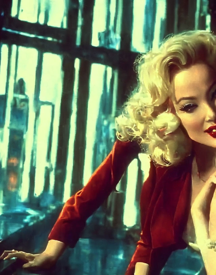 Blonde woman with curly hair in red top and lipstick against ornate interior