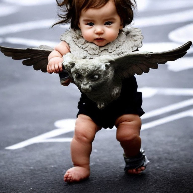 Toddler with Angel Wings Backpack on Asphalt Street