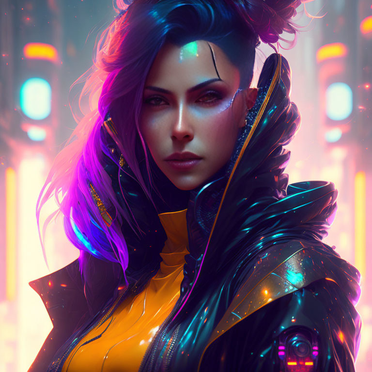 Futuristic woman with purple and blue hair and cybernetic enhancements in black and yellow jacket in