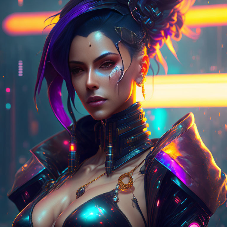 Futuristic woman with blue hair and cybernetic enhancements amid neon lights