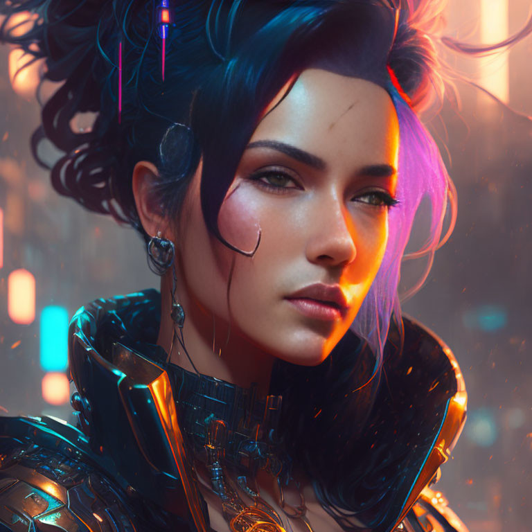 Futuristic female cyberpunk character with blue hair and neon-lit armor