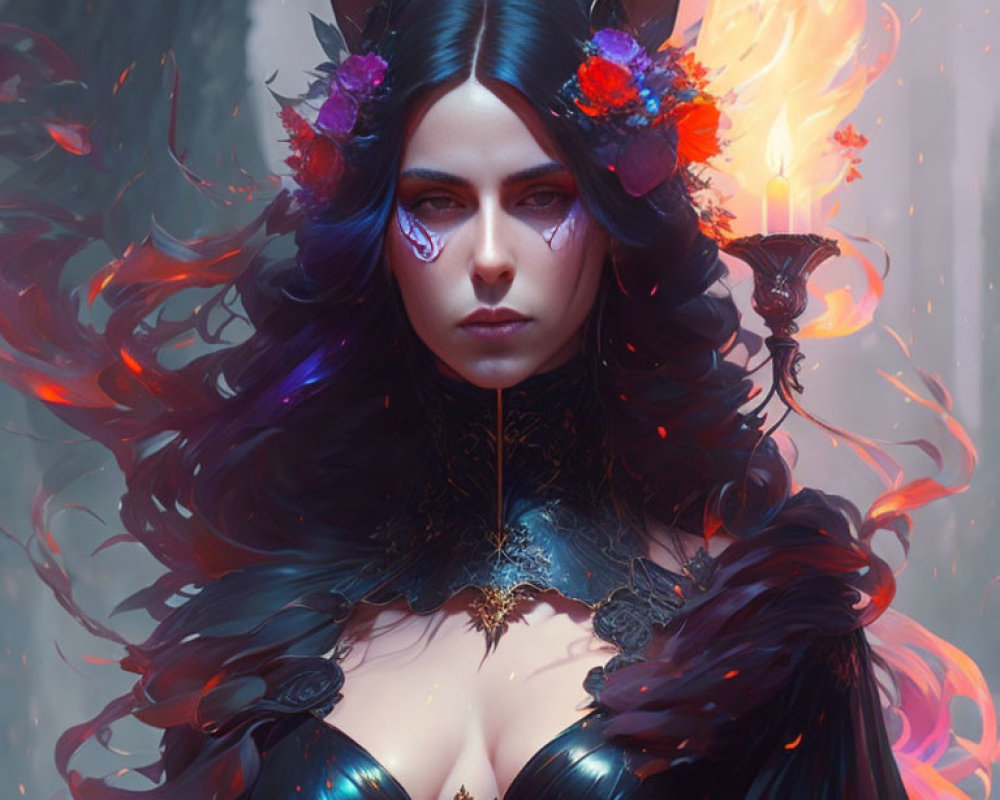 Mystical woman with pointed ears and blue eyes, adorned with flowers and flames.