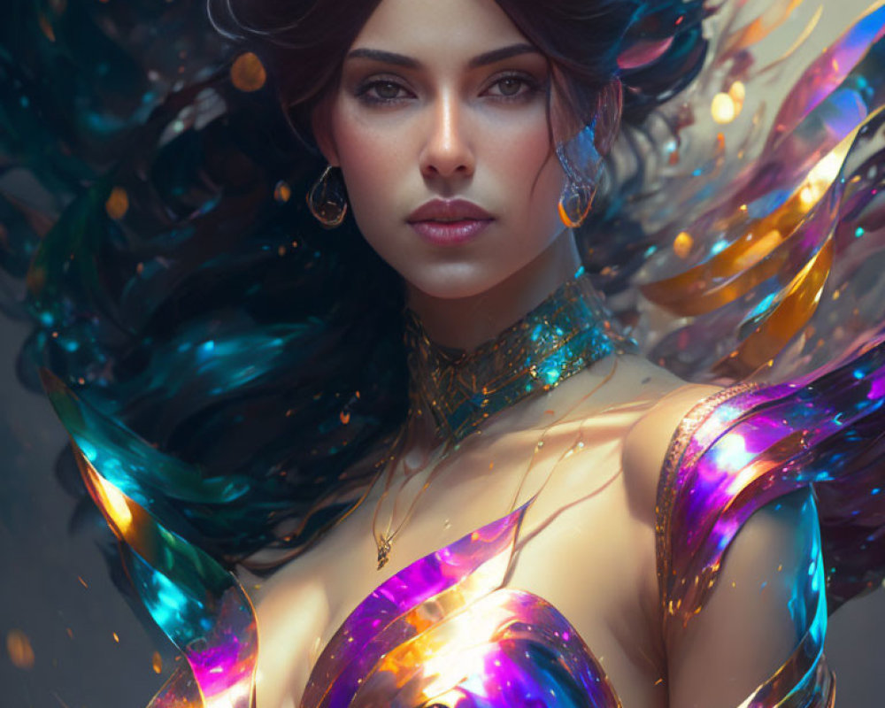 Colorful woman with vibrant flowing hair and iridescent accents.