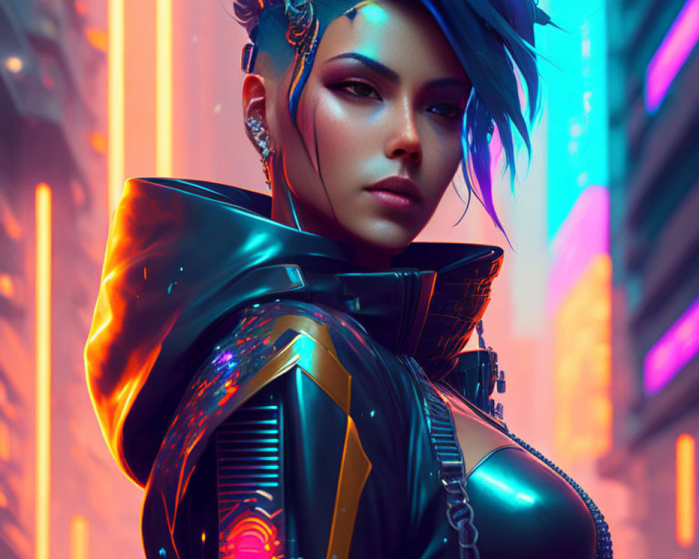 Blue-haired female character in cybernetic suit with neon city lights