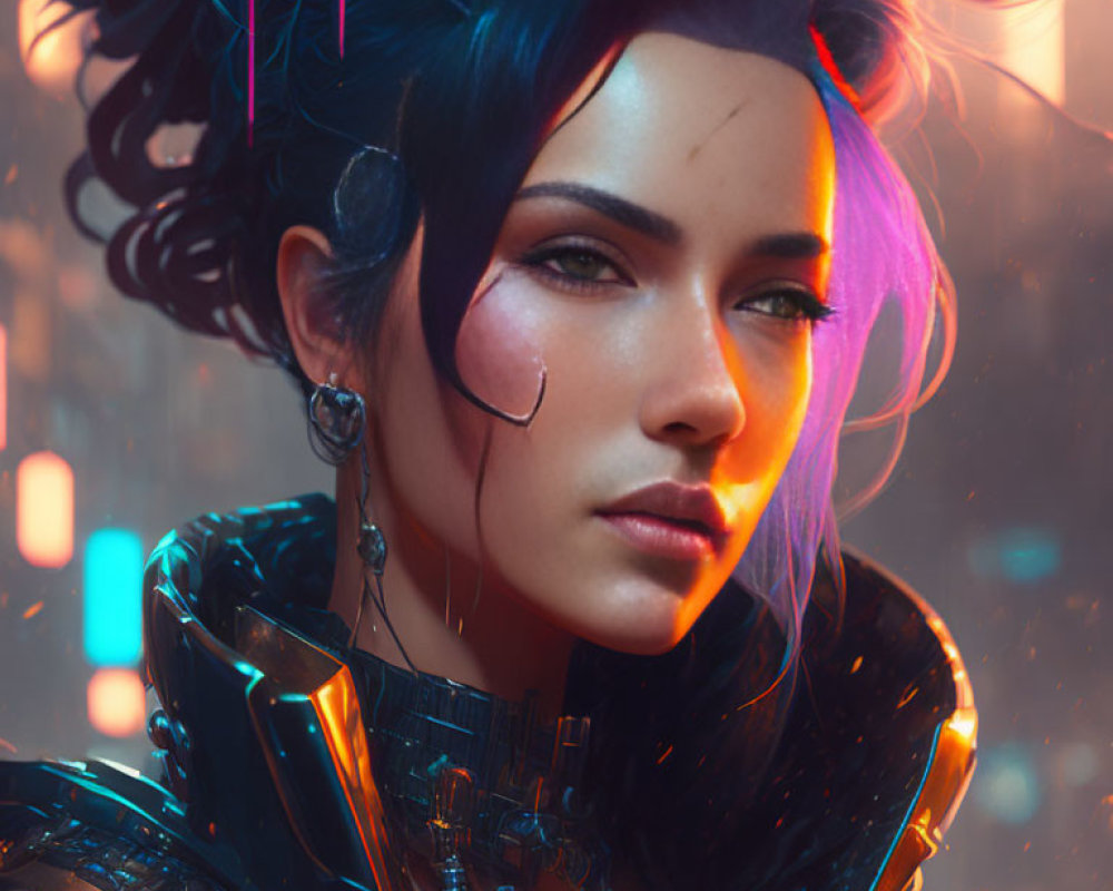 Futuristic female cyberpunk character with blue hair and neon-lit armor