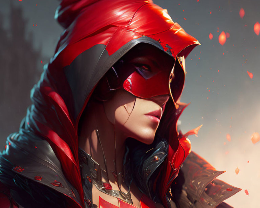 Mysterious Figure in Red Armor with Stylized Mask and Cloak