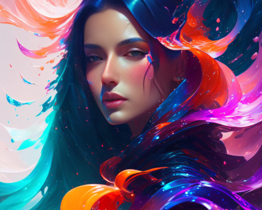 Vibrant digital artwork: Woman with multicolored flowing hair