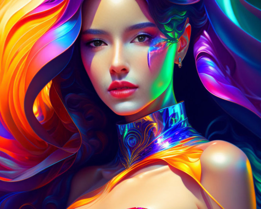 Colorful digital portrait of a woman with swirling hair and iridescent makeup, glossy neck piece,