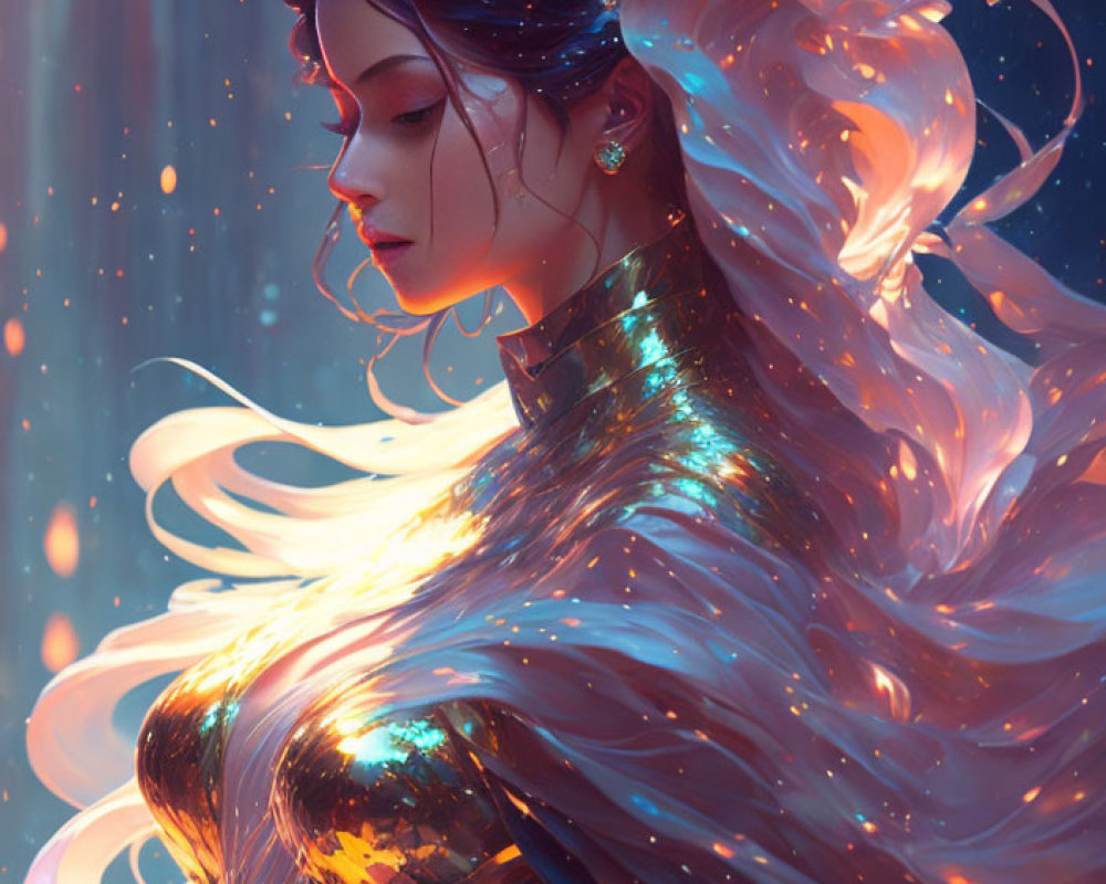 Digital artwork: Woman with luminous hair and shimmering bodysuit in light stream backdrop