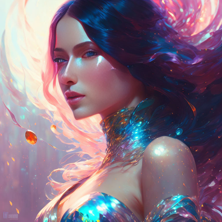 Ethereal digital portrait of woman with blue hair and glowing skin