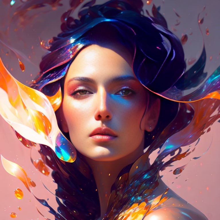 Vibrant digital art portrait of a woman with swirling colors and luminescent feathers