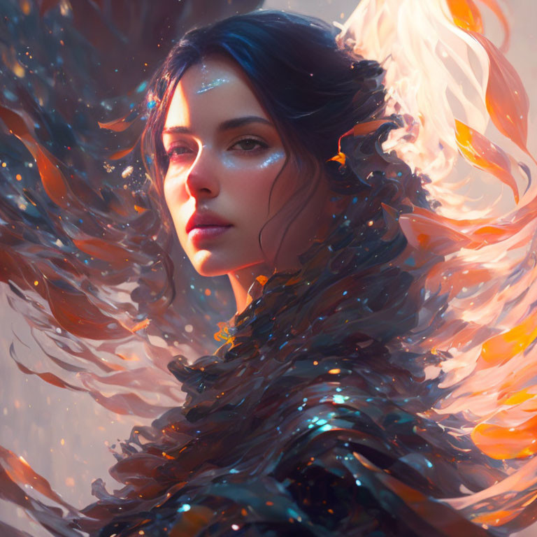 Digital Artwork: Woman with Dark Hair, Ethereal Glow, and Fiery Wings Elements