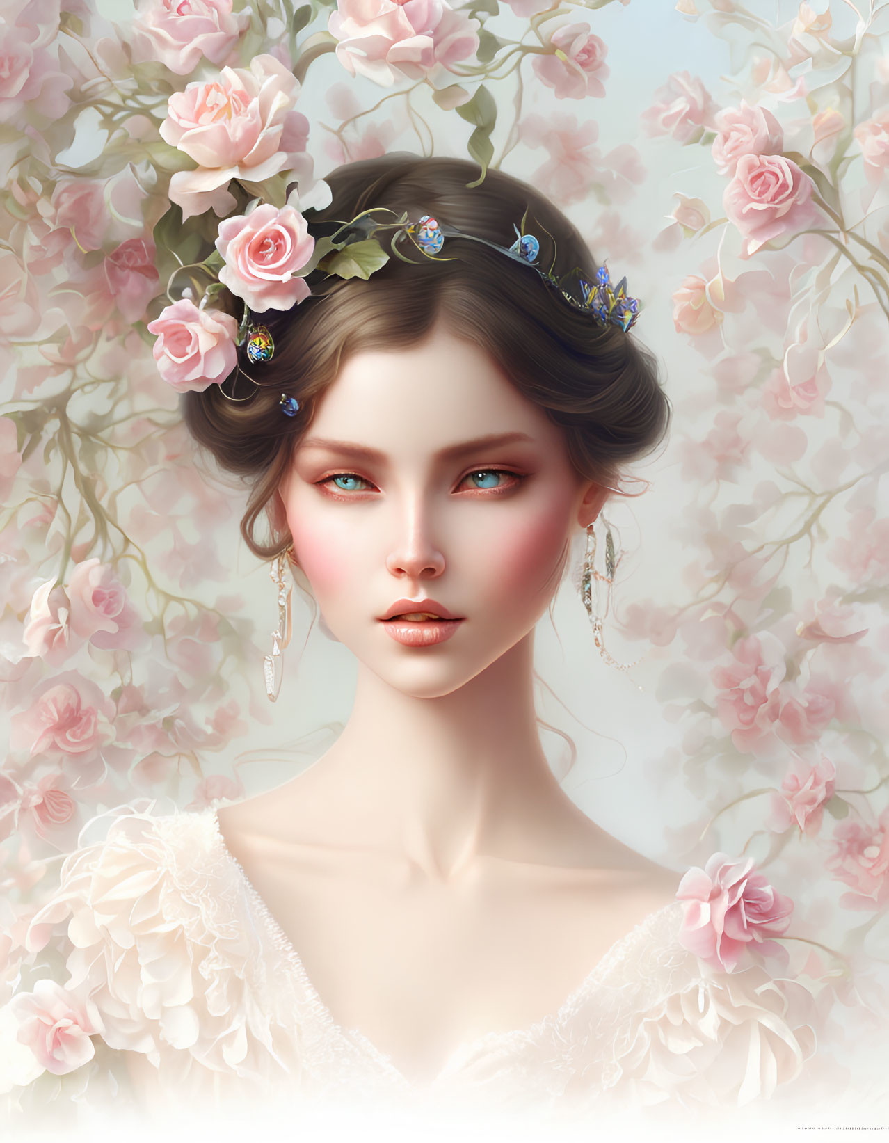 Digital Artwork: Woman with Green Eyes and Dark Hair Surrounded by Pink Roses