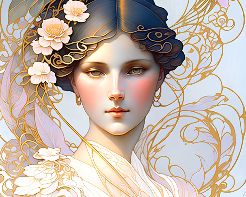 Illustrated portrait of woman with pale features and golden floral patterns.