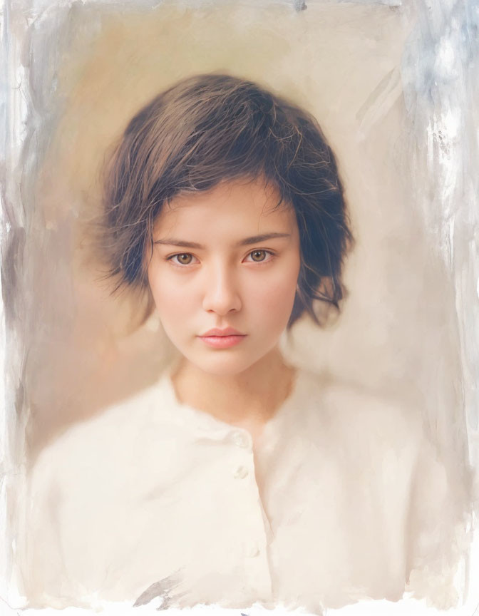 Young woman portrait with short hair and intense gaze in light blouse.