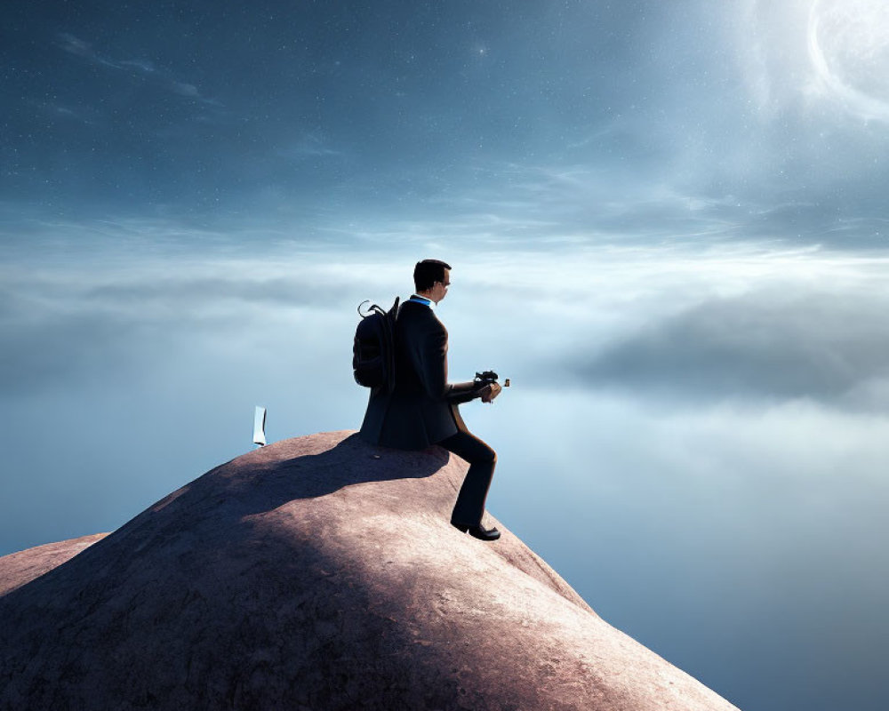 Man in suit playing guitar on mountain peak under starry sky