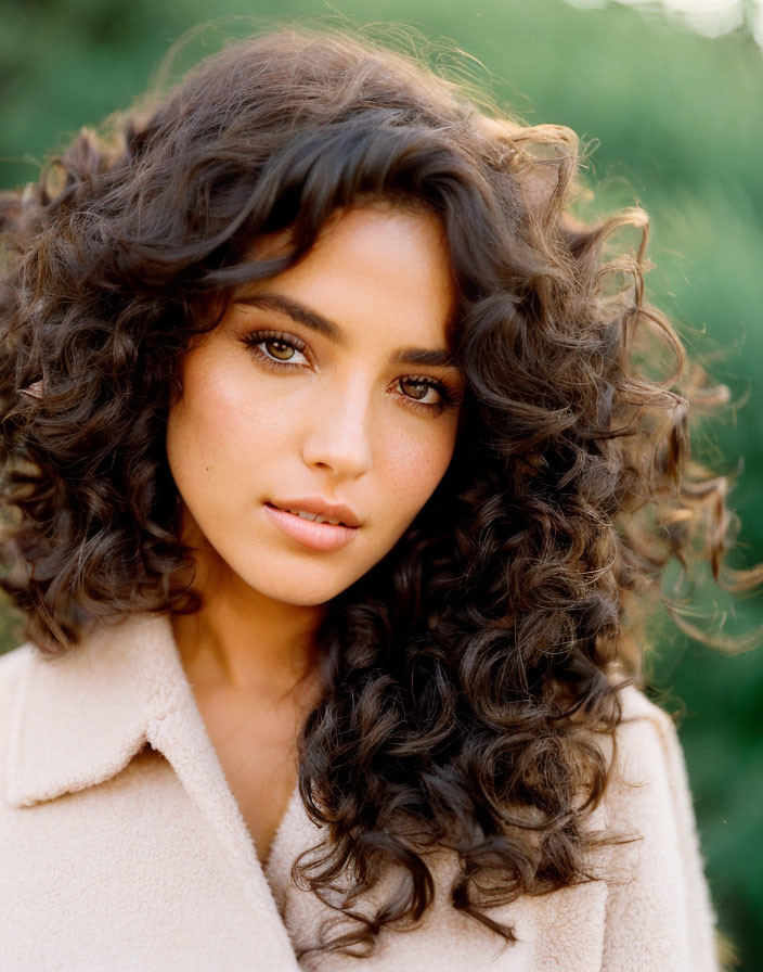 Curly-haired woman in light coat against green backdrop