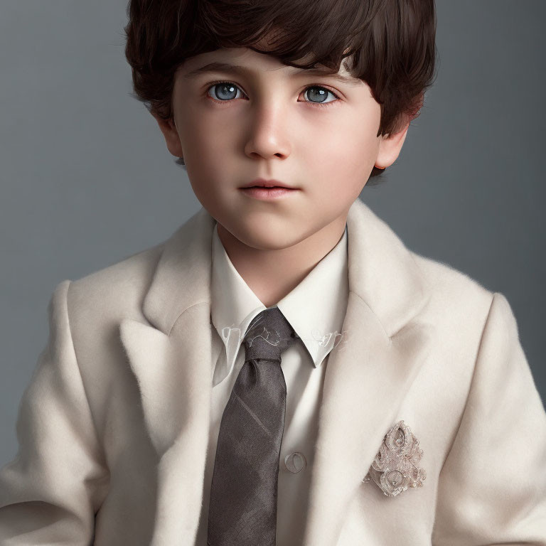 Young boy in beige suit with striking blue eyes and neat hairstyle.