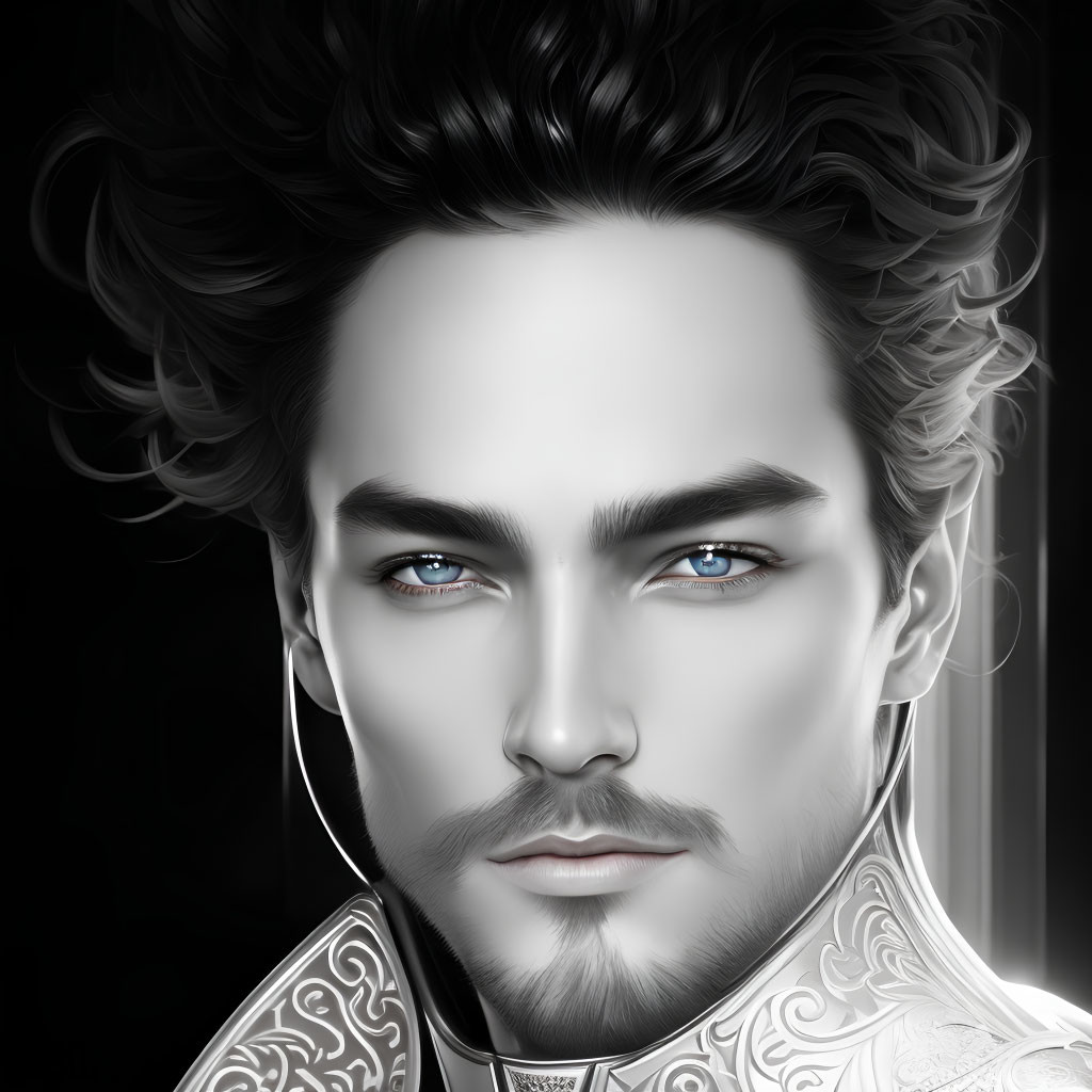 Hyperrealistic Illustration of Man with Blue Eyes and Ornate White Clothing