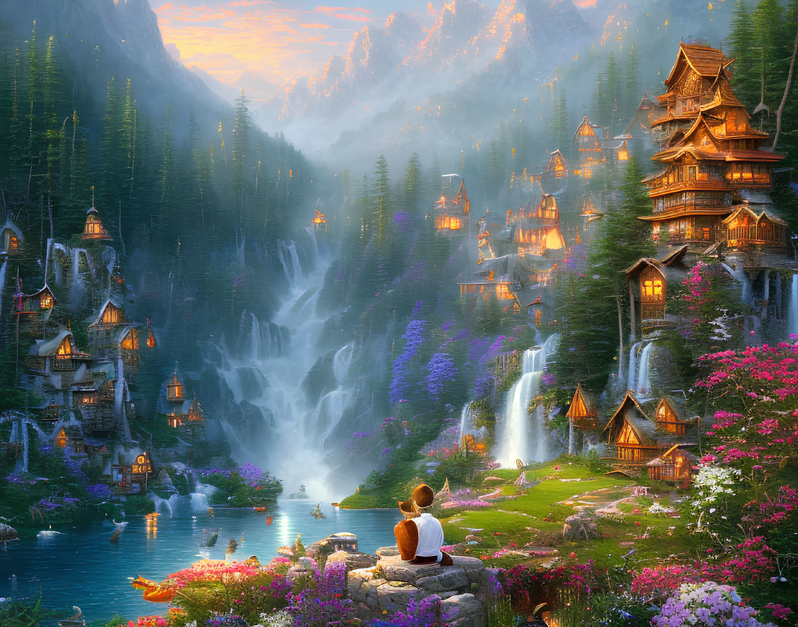 Serene lake with waterfalls, pagoda buildings, and misty mountains at sunset