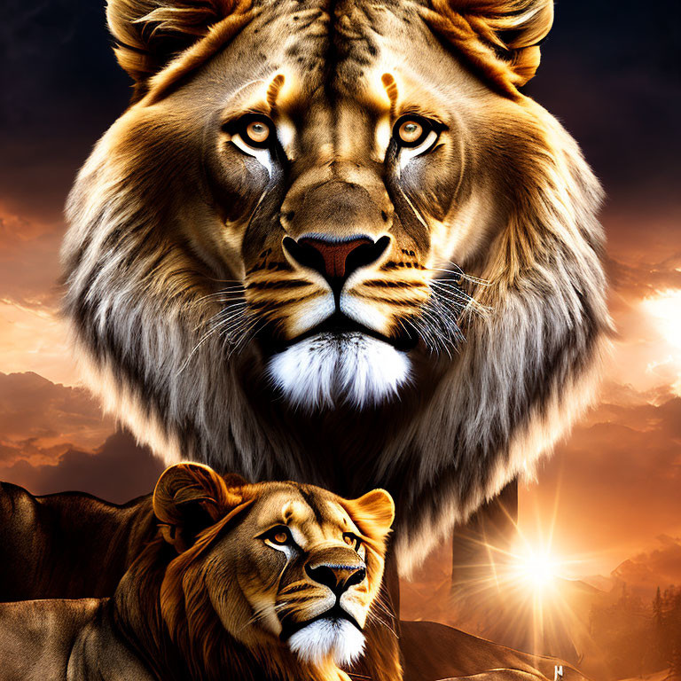 Digital artwork: Two lions in majestic sunrise backdrop