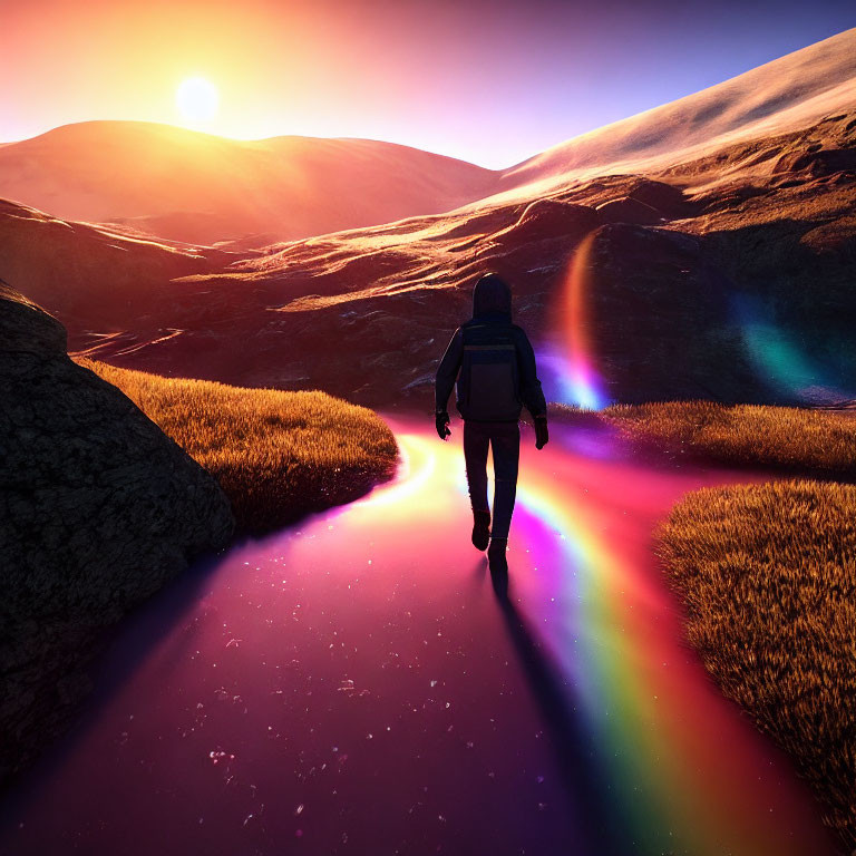 Person walking towards sunrise in surreal landscape with rainbow reflection