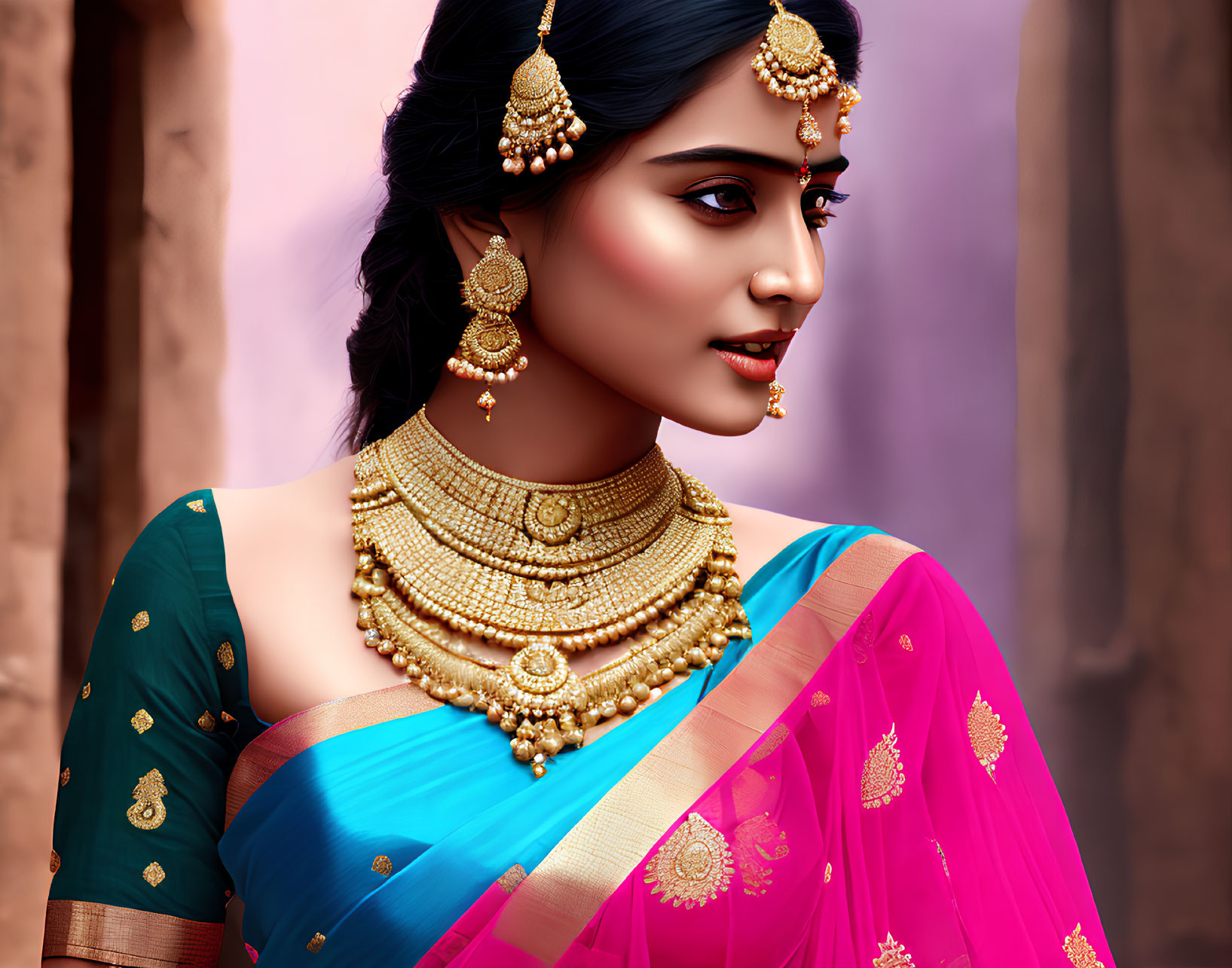 Traditional Indian Woman in Pink and Blue Saree with Gold Jewelry and Henna