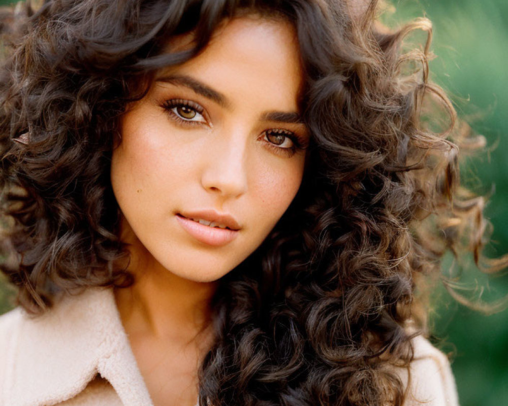 Curly-haired woman in light coat against green backdrop