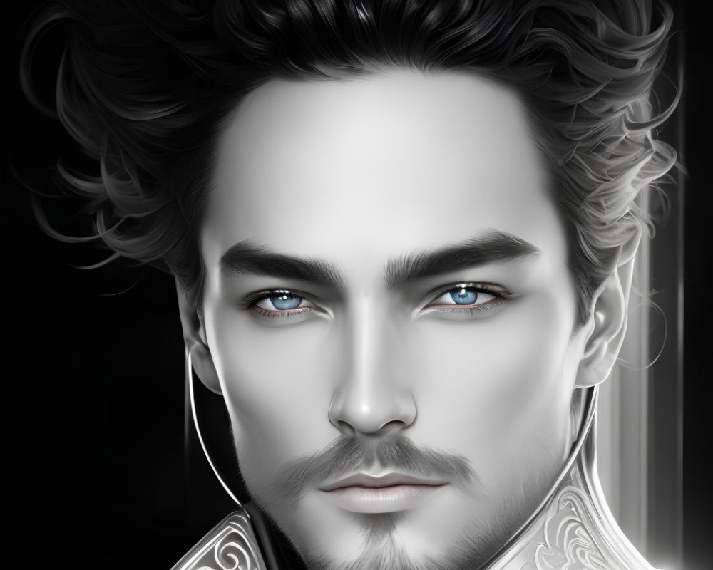 Hyperrealistic Illustration of Man with Blue Eyes and Ornate White Clothing