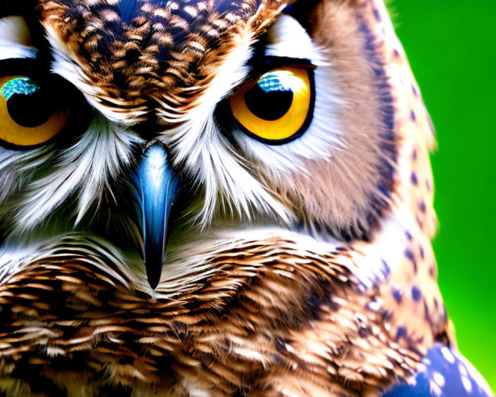 Detailed Close-Up of Owl with Yellow Eyes and Spotted Feathers
