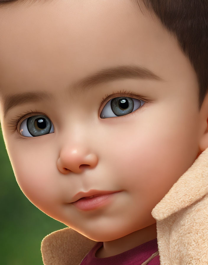 Young child with large blue eyes and beige collar in maroon top