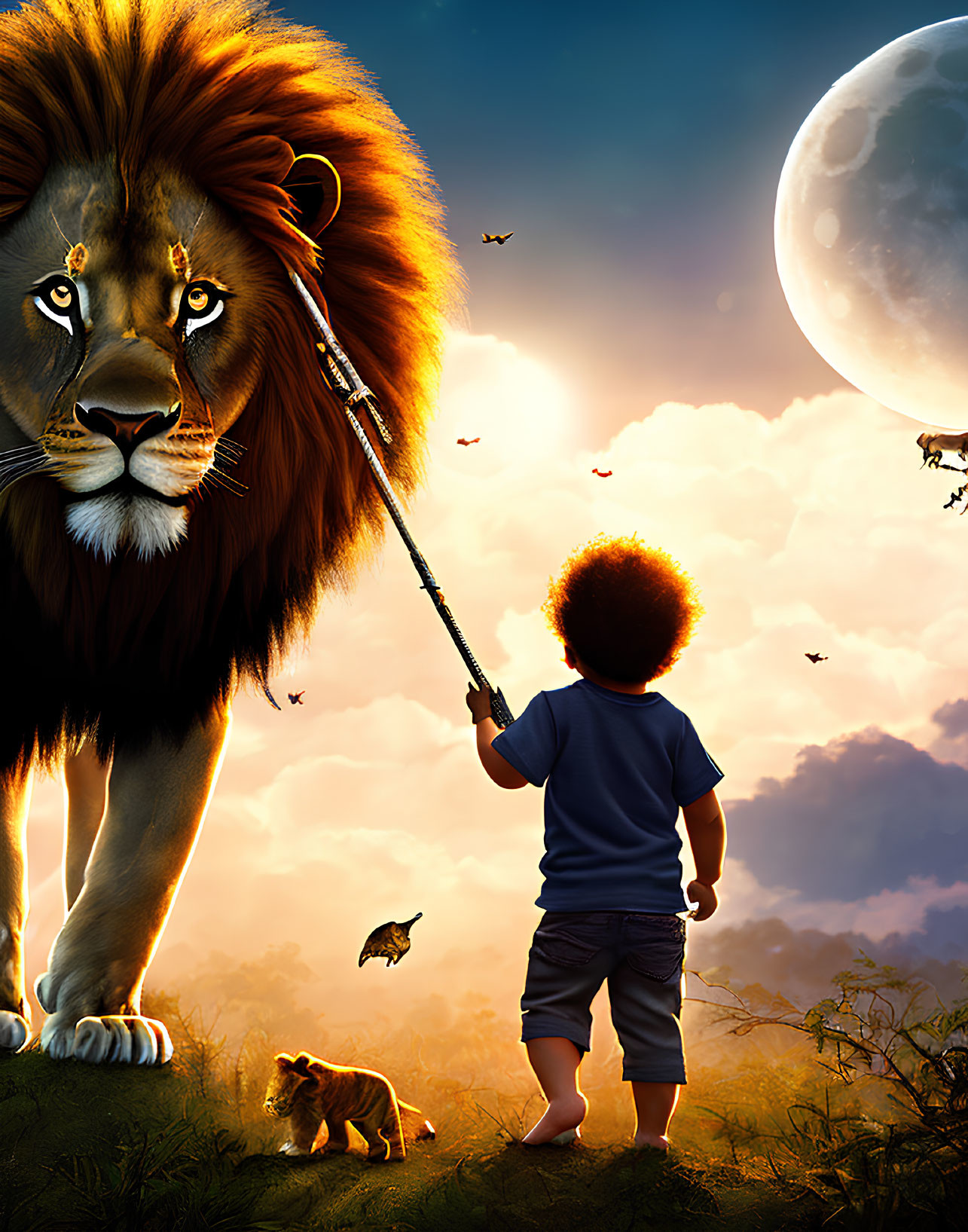 Child with staff faces lion under setting sun and moon with birds and cub.