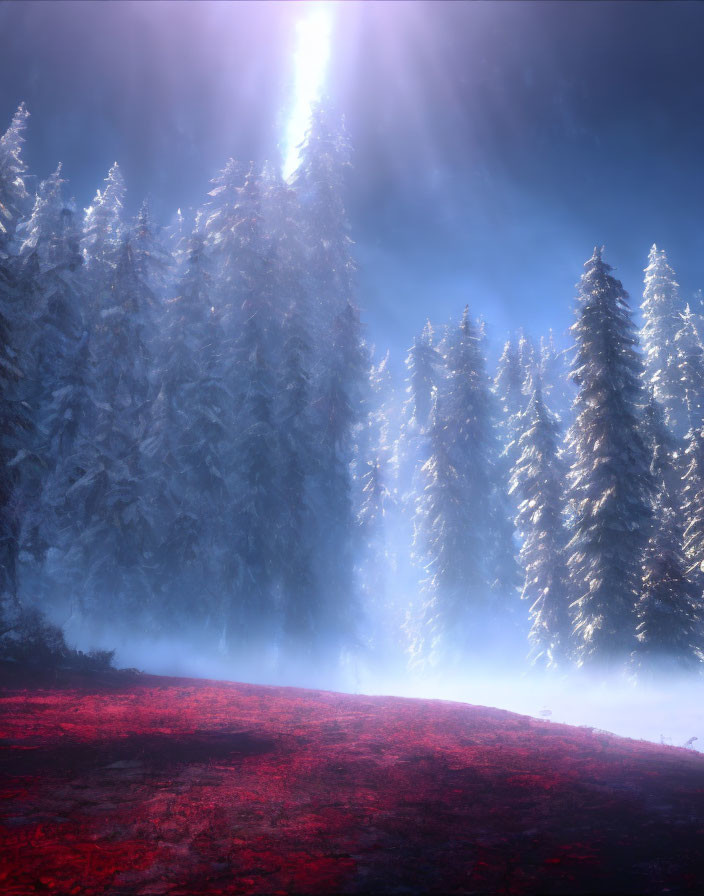 Winter forest scene: snow-covered pines, mist, bright sunbeam, red glow