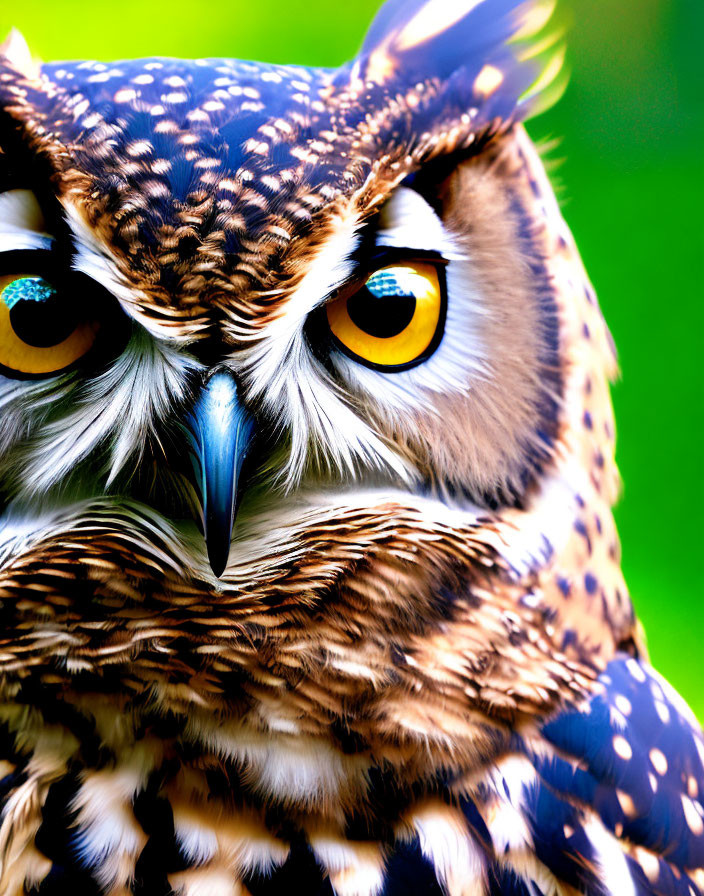 Detailed Close-Up of Owl with Yellow Eyes and Spotted Feathers