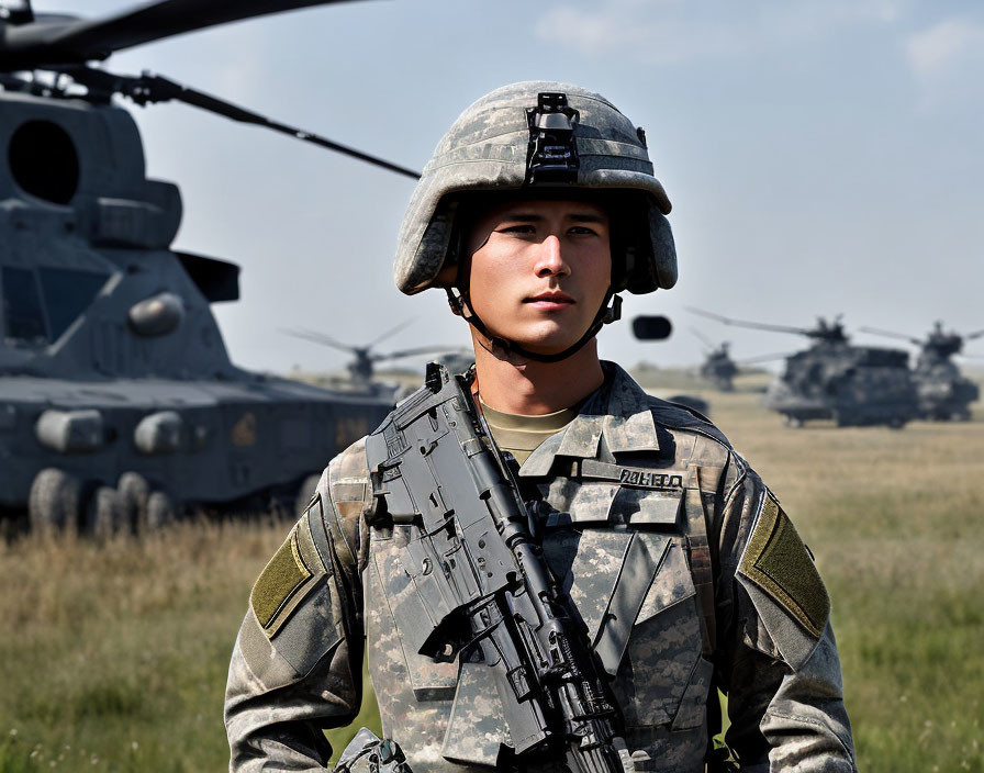 Military soldier with rifle in front of helicopters on grassy field