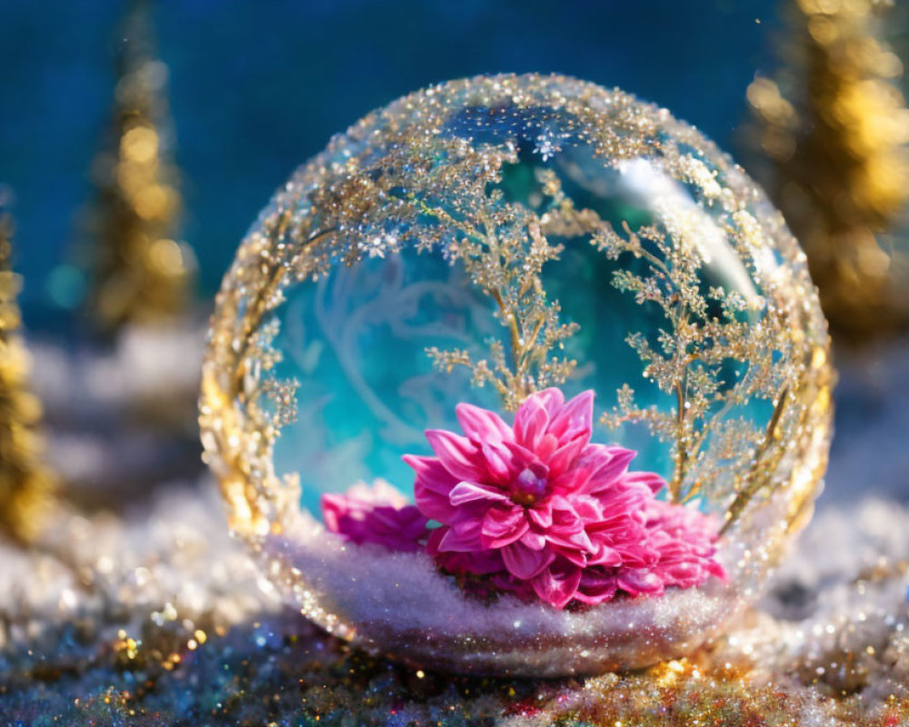 Snow globe with pink flower and golden decorations under soft blue light