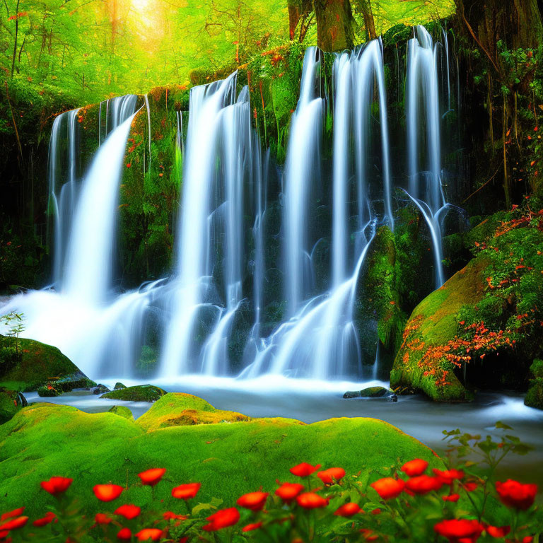 Tranquil waterfall with mossy rocks, greenery, and red flowers