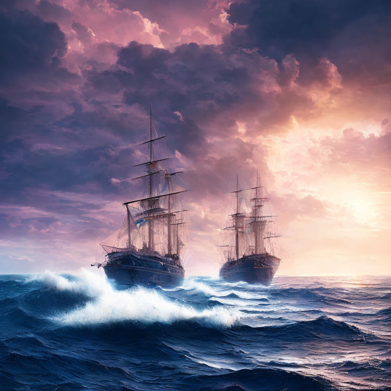 Sailing ships in stormy ocean under pink and purple sky