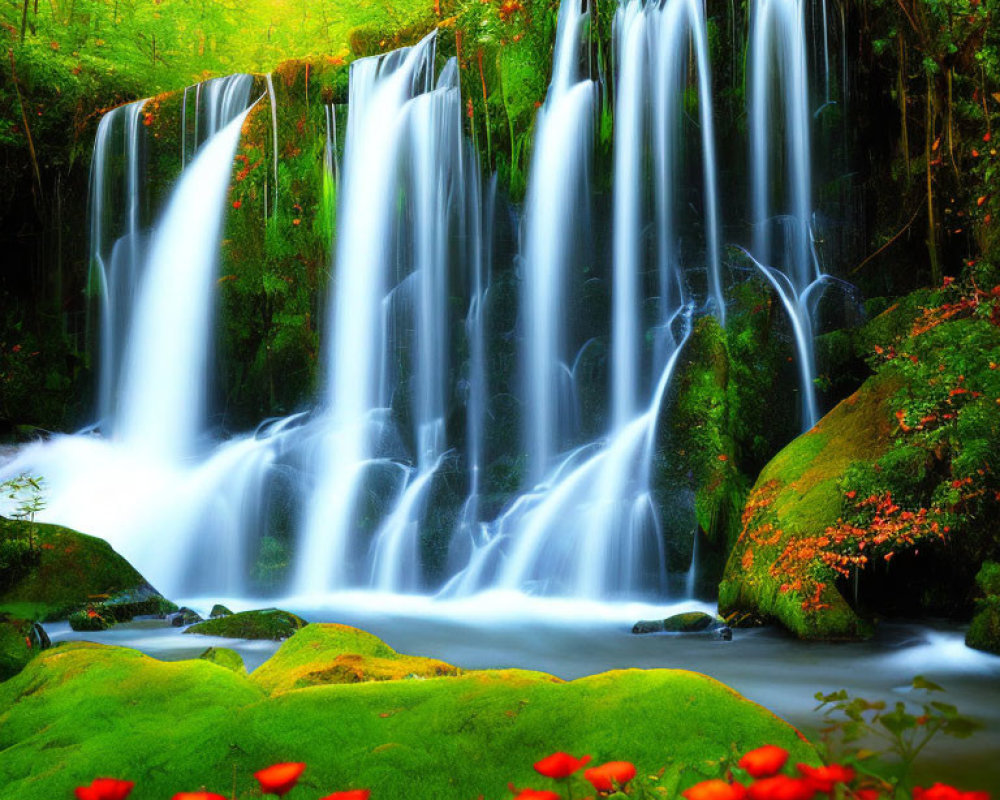 Tranquil waterfall with mossy rocks, greenery, and red flowers