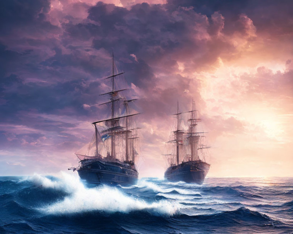 Sailing ships in stormy ocean under pink and purple sky