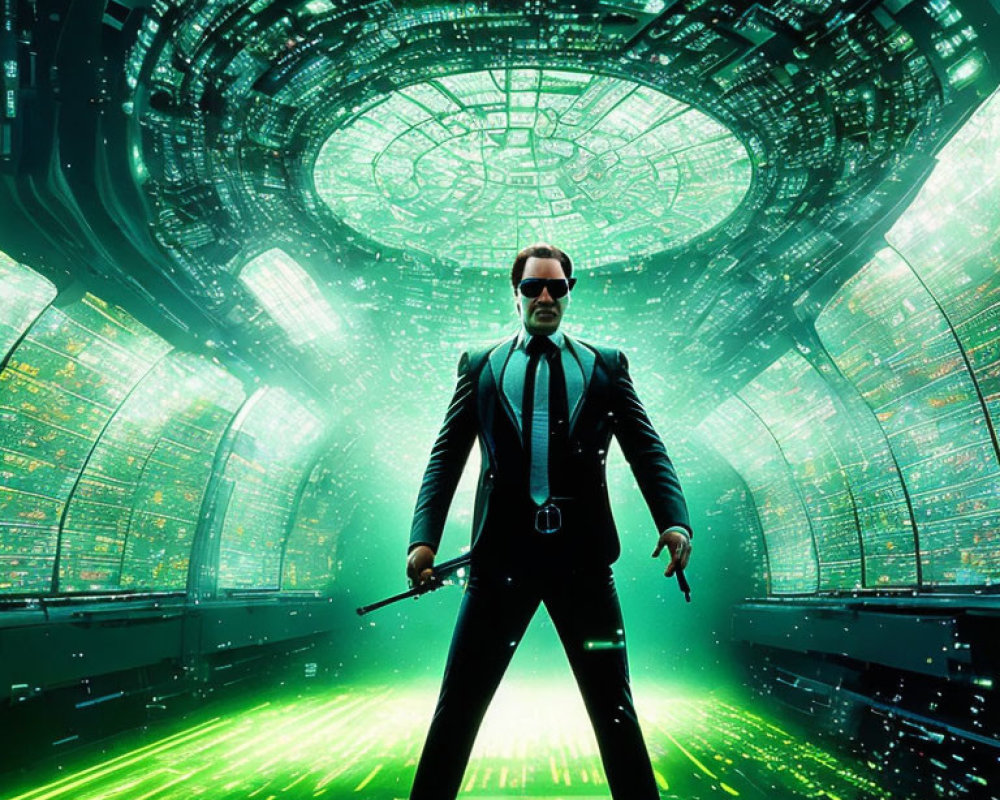 Confident person in black suit in futuristic room with digital screens & green lights