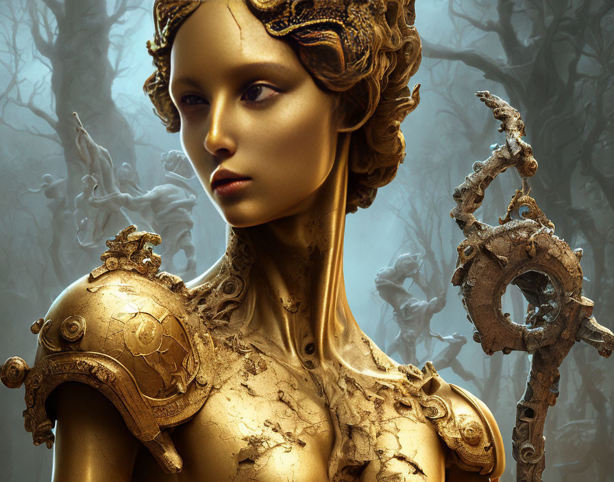 Golden female figure in ornate armor with rusted key against misty woods