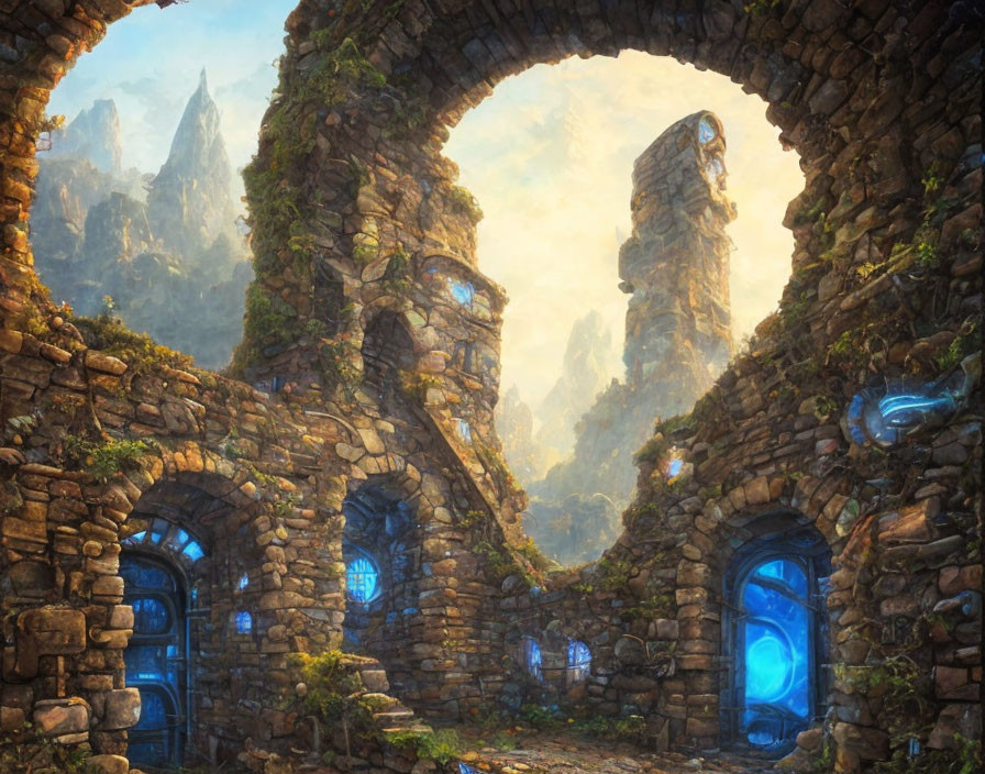 Ancient circular stone ruins with glowing blue portals in forest setting