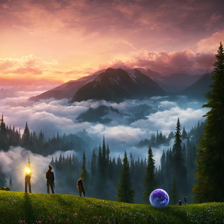 Fantastical sunset landscape with mountains, mist, glowing orb, companions, and moon-like sphere