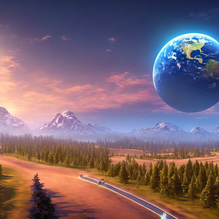 Vibrant sunset over surreal landscape with mountains, forest, road, car, and oversized Earth.