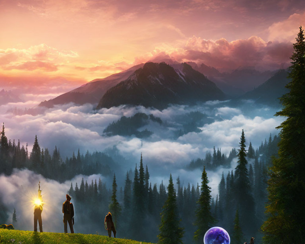 Fantastical sunset landscape with mountains, mist, glowing orb, companions, and moon-like sphere