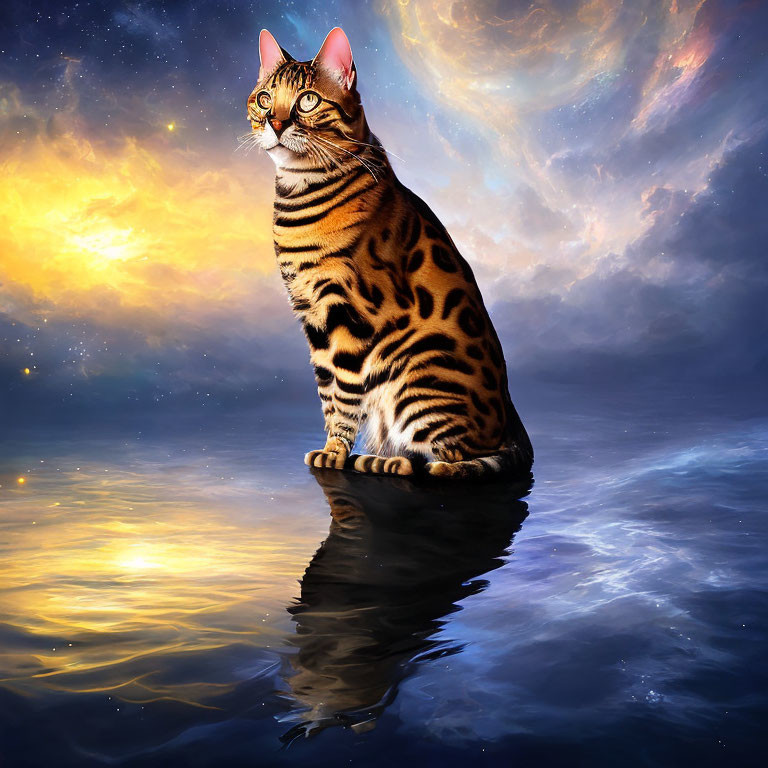 Bengal cat with vivid markings on water under starry sky