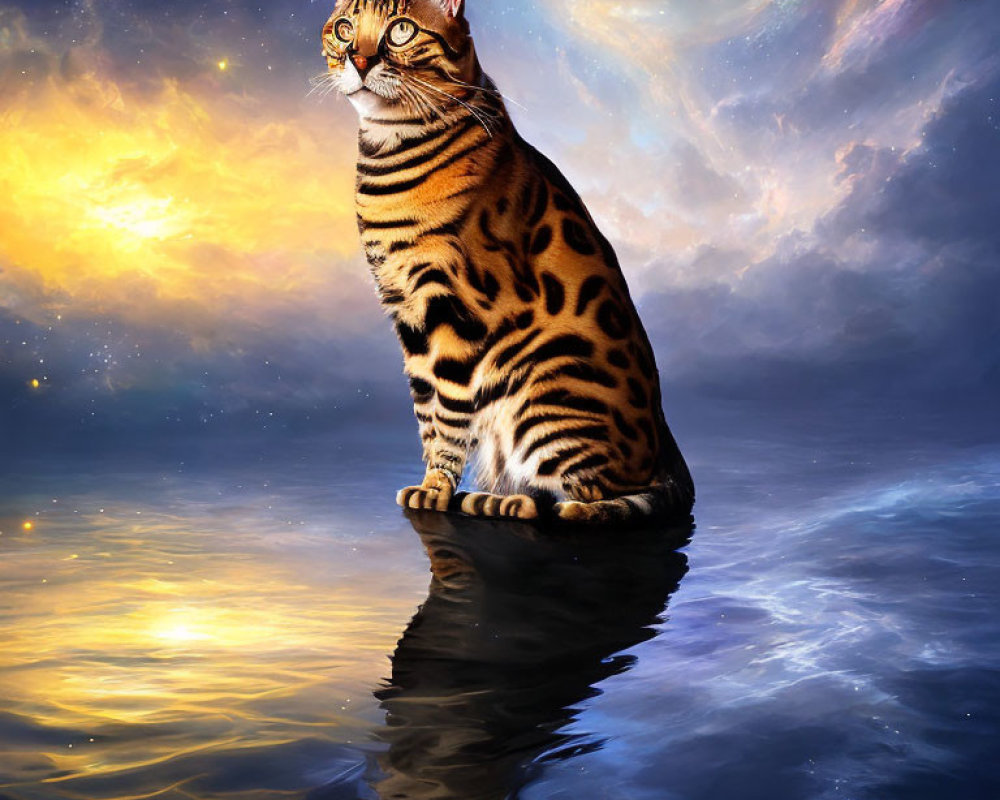 Bengal cat with vivid markings on water under starry sky