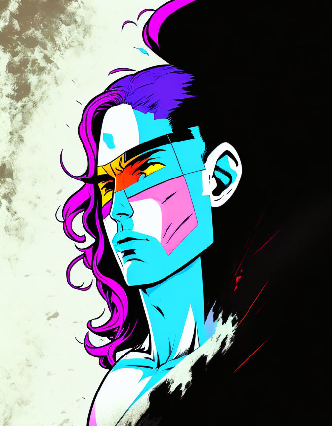 Colorful character illustration with pink and purple hair and vibrant mask against contrasting background