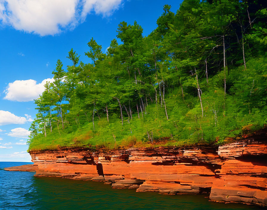 Scenic view of green trees on red cliffs above serene blue lake